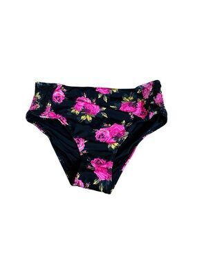 Betsey Johnson High Waist Bikini Swim Bottoms Black Hot Pink Rose Floral
